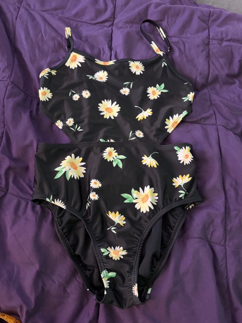 Old Navy Black One-Piece Swimsuit with Yellow Daisy Print